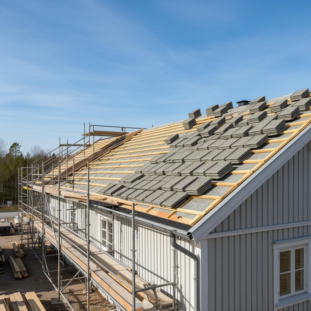 Pågående takbyte med ställning och nya betongpannor på ett hustak