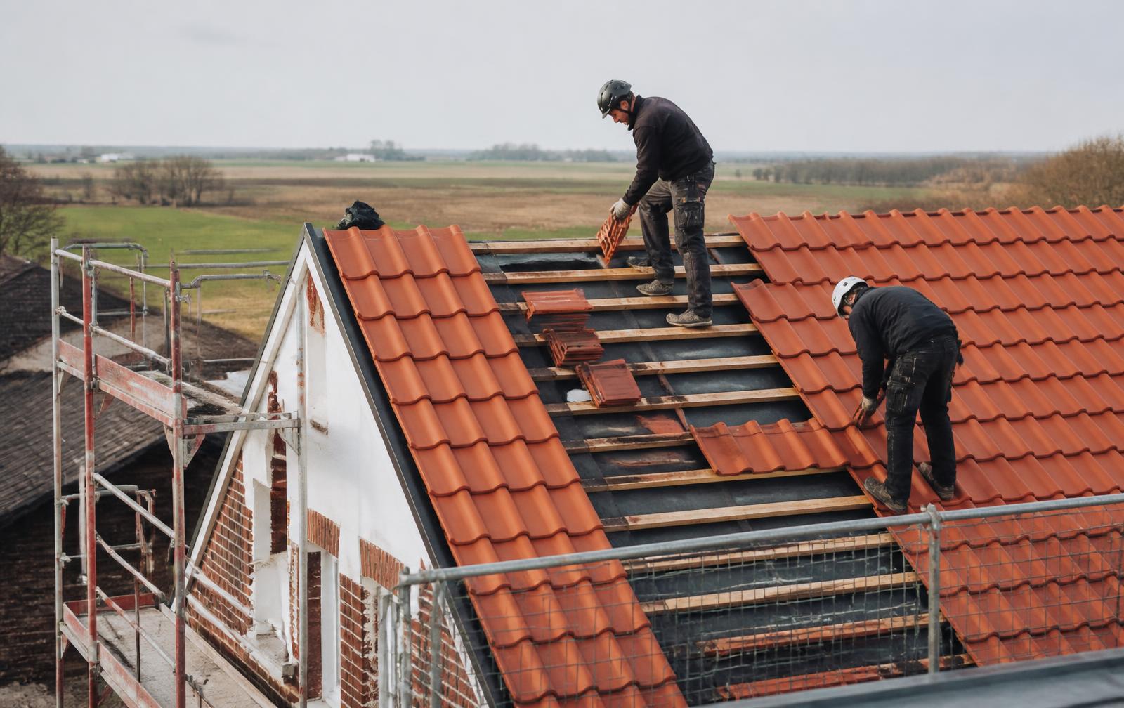 Takläggare lägger nya tegelpannor på ett hus i Malmö