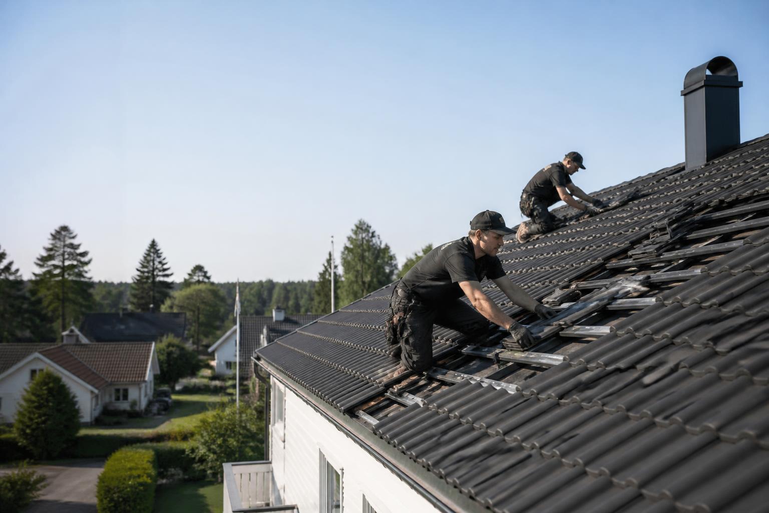 Takbyte pågår på ett fritidshus nära Nynäshamn